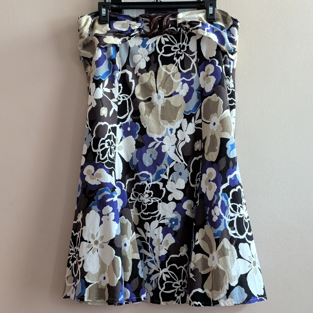 Melanie Lyne Floral A-Line Linen Blend Skirt in Black, Blue & Cream